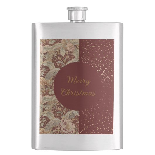 Flowers,Burgundi Red Gold Glitter, Merry Christmas フラスク (正面)