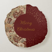 Flowers,Burgundi Red Gold Glitter, Merry Christmas ラウンドクッション (裏面)