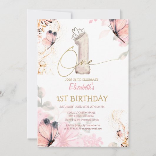  Flowers Butterfly Striped Chic 1s Birthday 招待状 (正面)