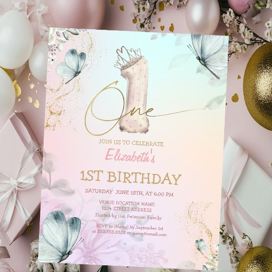 Flowers Butterfly Striped Colorful 1s Birthday 招待状