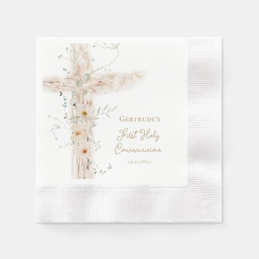  flowers cross First Holy Communion 縁ありカクテルナプキン (正面)