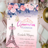 Flowers,Eiffel Tower Bow Butterfly Quinceanera  招待状