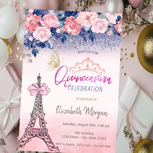 Flowers,Eiffel Tower Bow Butterfly Quinceanera  招待状