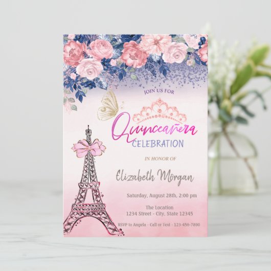 Flowers,Eiffel Tower Bow Butterfly Quinceanera  招待状 (スタンド正面)