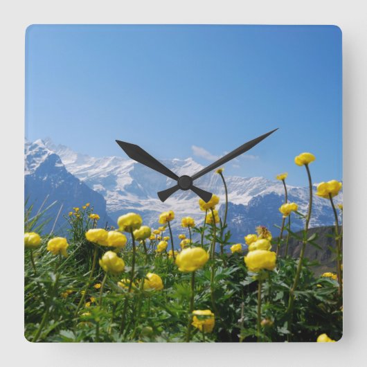 Flowers | Eiger Monch Swiss Alps スクエア壁時計 (正面)
