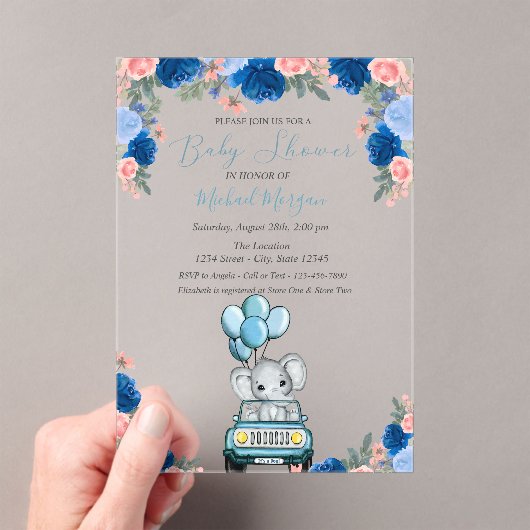 Flowers, Elephant Car Baby Shower アクリル招待状 (インサイチュ (ポータブル))
