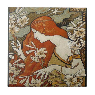 Flowers Floral Woman Vintageアールヌーボーの女性 タイル