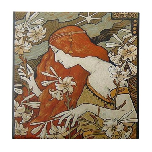 Flowers Floral Woman Vintageアールヌーボーの女性 タイル (正面)