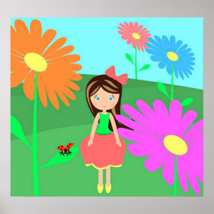 Flowers, Girl and Ladybug ポスター