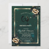 Flowers Gold Frame Green Wine Glass 60th 招待状 (正面)