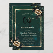 Flowers Gold Frame Green Wine Glass 60th 招待状 (正面/裏面)