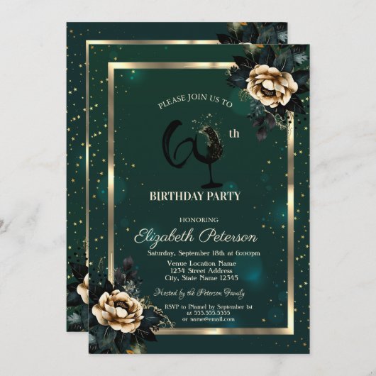 Flowers Gold Frame Green Wine Glass 60th 招待状 (正面/裏面)