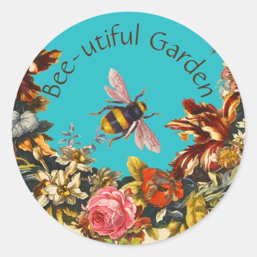 FLOWERS ,HONEY BEE IN BLUE SKY FLORAL BEEKEEPING ラウンドシール (正面)