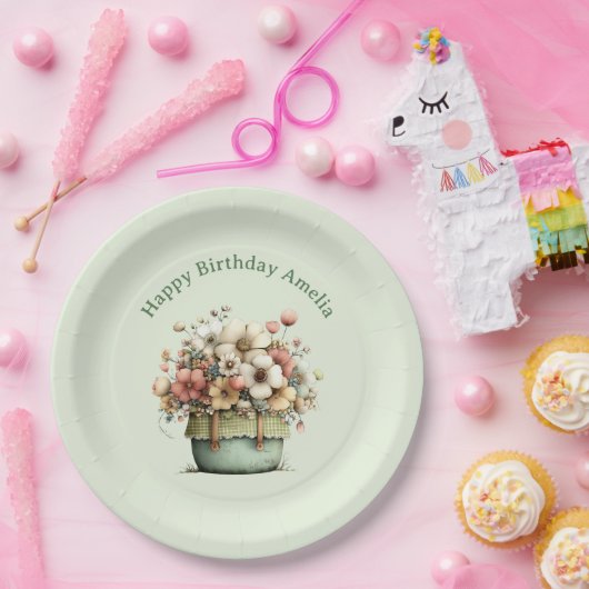  Flowers in a Pot Cozy Shabby Cute Birthday ペーパープレート (パーティー)