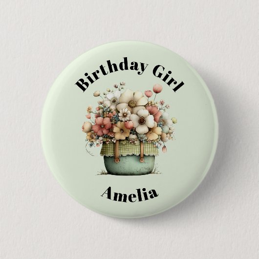 Flowers in a Pot Cozy Shabby Cute Birthday Girl 缶バッジ (正面)
