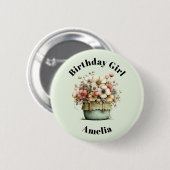 Flowers in a Pot Cozy Shabby Cute Birthday Girl 缶バッジ (正面&裏面)