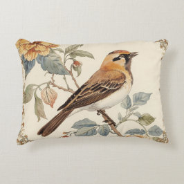 Flowers Pattern and Lovely Bird, Off White, Yellow アクセントクッション