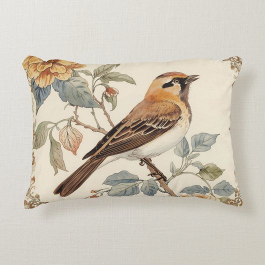 Flowers Pattern and Lovely Bird, Off White, Yellow アクセントクッション (正面)