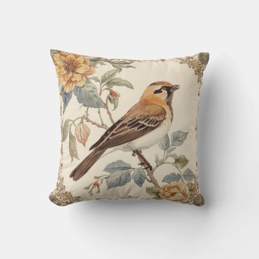 Flowers Pattern and Lovely Bird, Off White, Yellow クッション (正面)