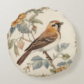 Flowers Pattern and Lovely Bird, Off White, Yellow ラウンドクッション (裏面)