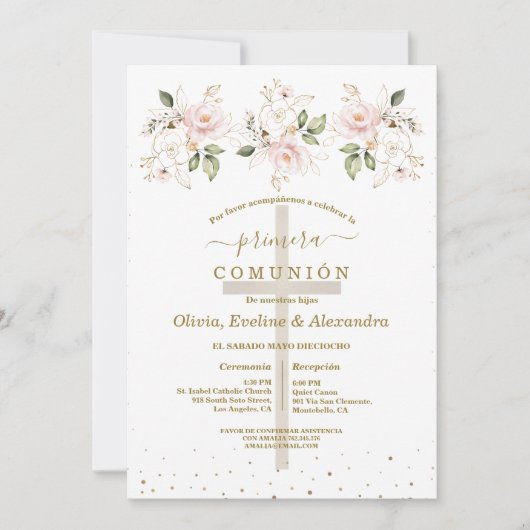 Flowers Primera Comunión Triplets Holy Communion 招待状 (正面)