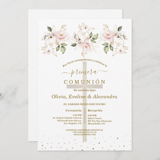 Flowers Primera Comunión Triplets Holy Communion 招待状 (正面/裏面)