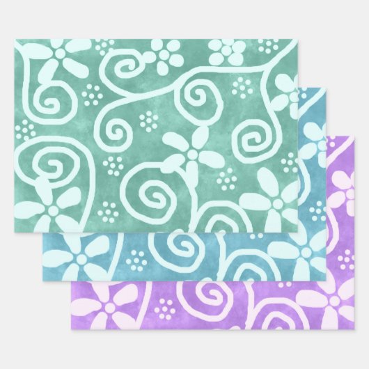 Flowers Swirls Multi-Color Pattern Decoupage ラッピングペーパーシート (セット)