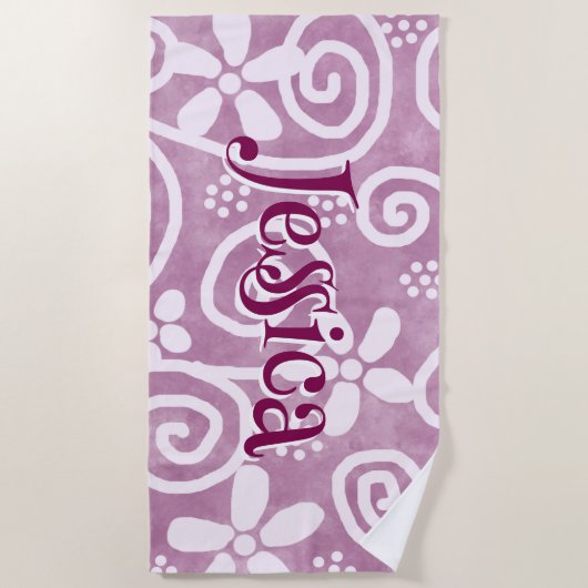 Flowers Swirls Pink White Pattern Personalized ビーチタオル (正面)