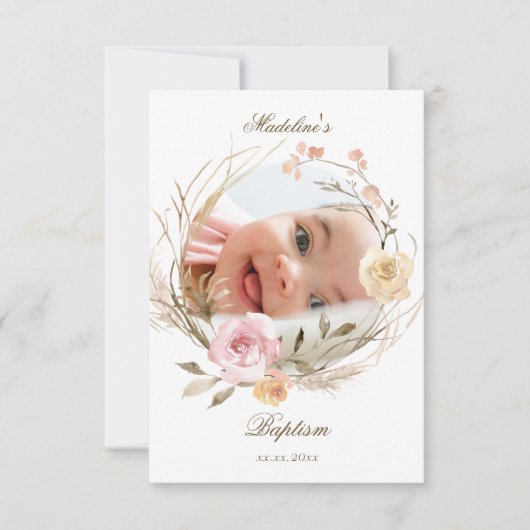 flowers wreath Baptism small thank you cards 招待状 (正面)