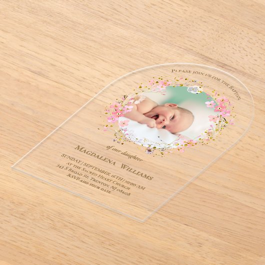 flowers wreath photo frame | Baptism Invitation アクリル招待状 (レイダウン)