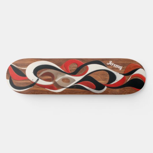 Flowing abstract black, red, white on walnut スケートボード (横)