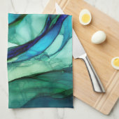Flowing forms in green and blues キッチンタオル (四つ折り)