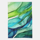 Flowing forms in green and blues キッチンタオル (縦)