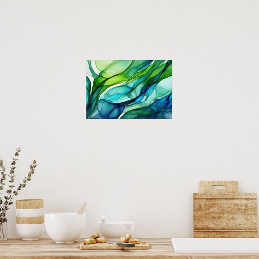 Flowing forms in green and blues ポスター (キッチン)