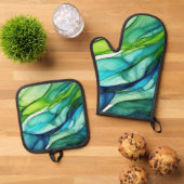 Flowing forms in green and blues 鍋つかみ&鍋敷きセット (トップダウン)