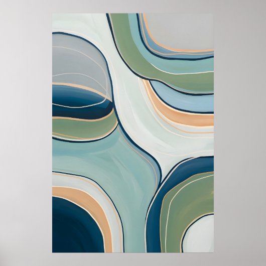 Flowing Green and Blue Curves Abstract Art Print ポスター (正面)