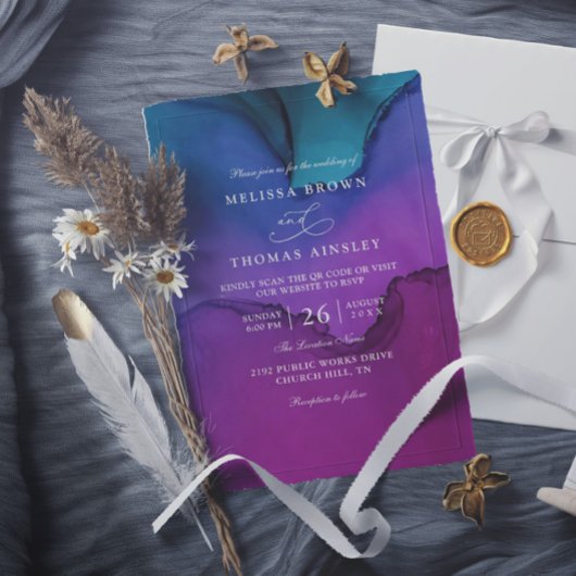 Flowing Luxury Ink Elegant Modern QR Code Wedding 招待状