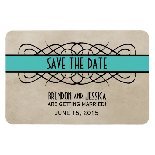 Flowish縁ど Save the Date Magnet, Aqua マグネット (横)