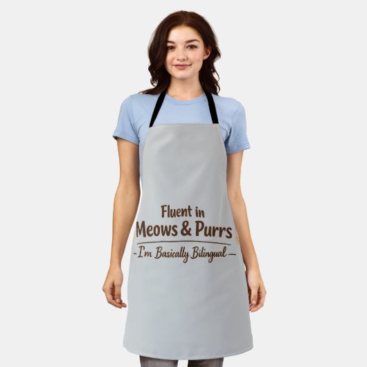 Fluent in Meows & Purrs Funny Cat Lover Gift エプロン (着用した状態)