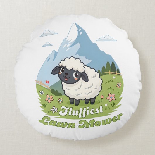 Fluffiest Lawn Mower – Adorable Blacknose Sheep ラウンドクッション (正面)