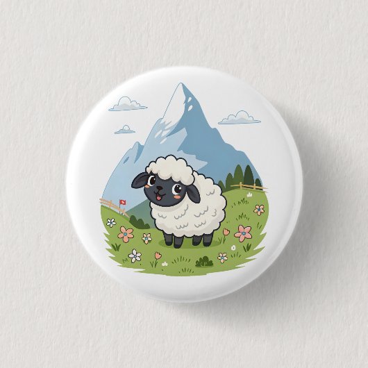 Fluffiest Lawn Mower – Adorable Blacknose Sheep 缶バッジ (正面)