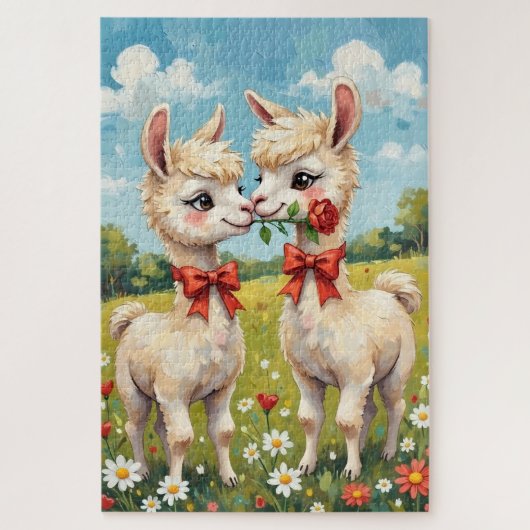 Fluffy Alpaca Couple With Red Bows Art ジグソーパズル (縦)