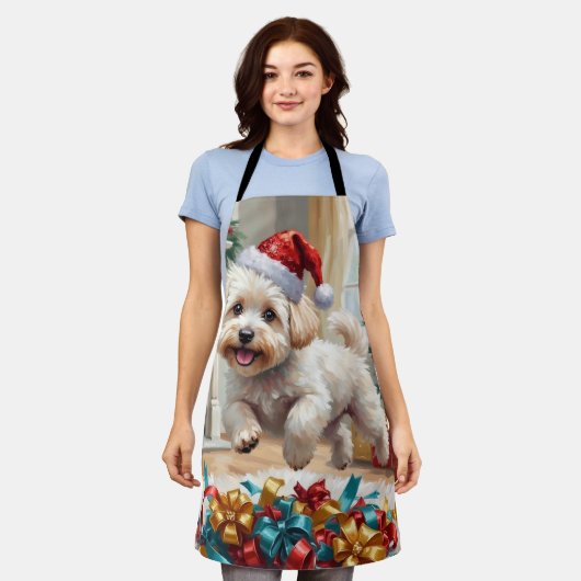 Fluffy Bichon Frise Dog Joyful Christmas エプロン (着用した状態)