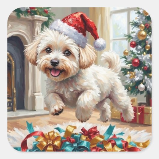 Fluffy Bichon Frise Dog Joyful Christmas スクエアシール (正面)