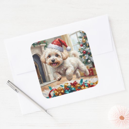 Fluffy Bichon Frise Dog Joyful Christmas スクエアシール (封筒)