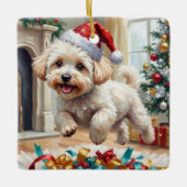 Fluffy Bichon Frise Dog Joyful Christmas セラミックオーナメント (正面)