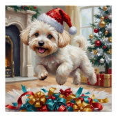 Fluffy Bichon Frise Dog Joyful Christmas ポスター (正面)