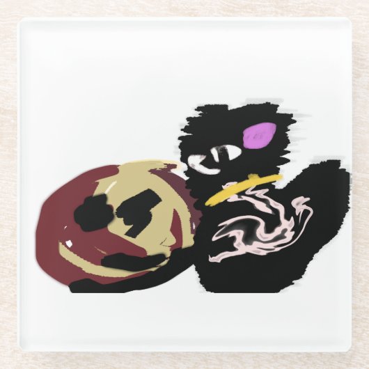 Fluffy Black Cat Jack o Lantern fun  ガラスコースター (正面)