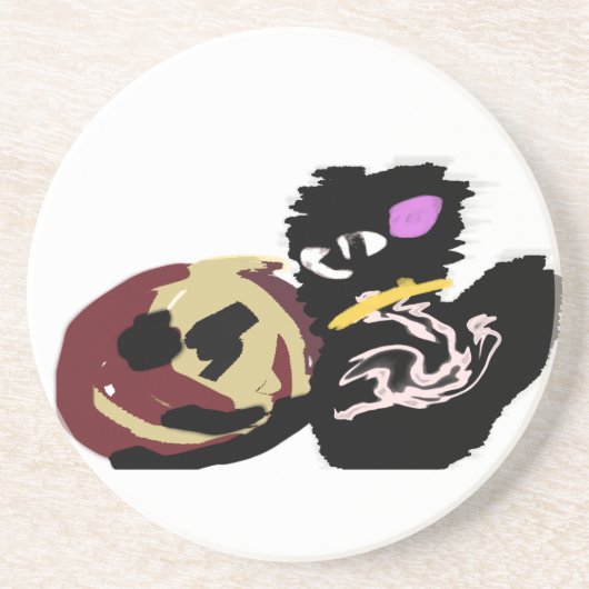 Fluffy Black Cat Jack o Lantern fun  コースター (正面)