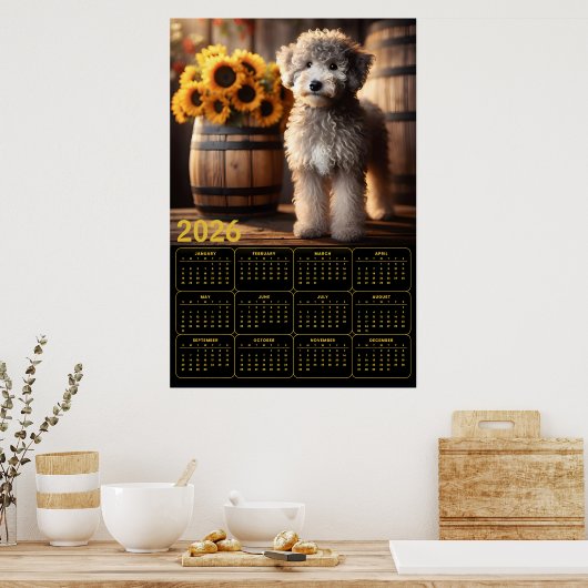 Fluffy Goldendoodle with Sunflowers – 2026 Rustic  ポスター (キッチン)